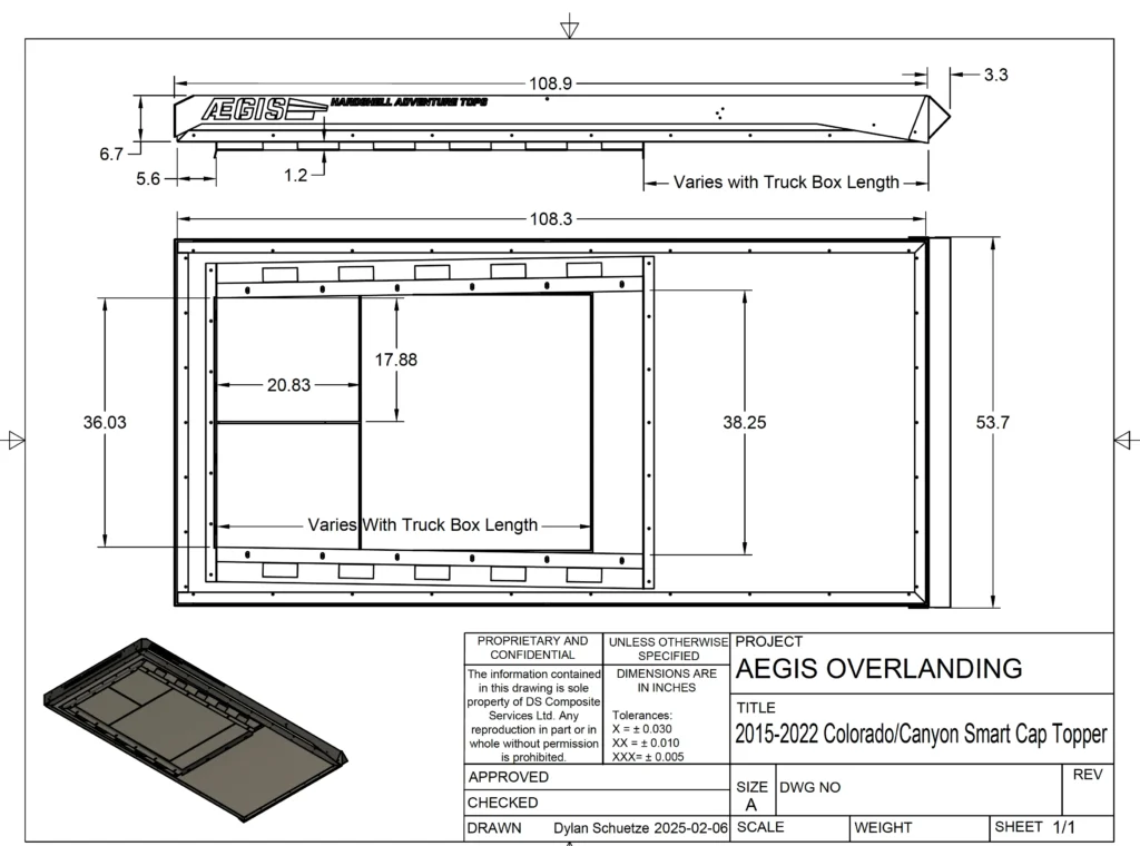 schematic drawing and measurement specifications of the Aegis camper top